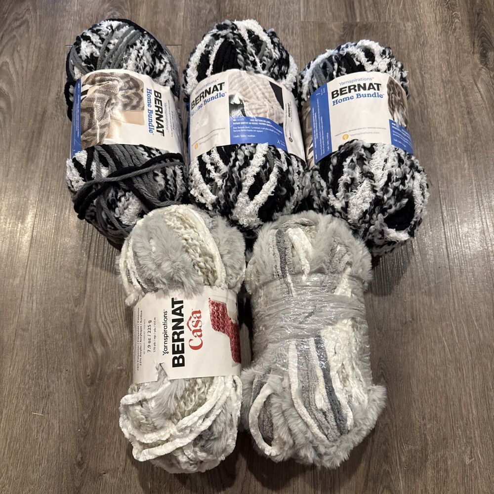 Bernat Velvet Yarn Lot Of 4 New Skeins Black White Gray Beige